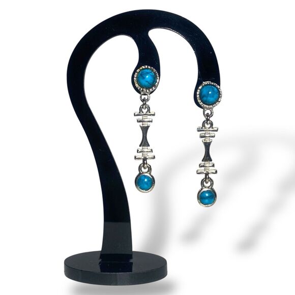 Vintage Silver Tone Turquoise Dangle Earrings Boho Tribal Statement Jewelry - Picture 2 of 7